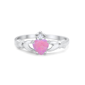 Heart Shape Lab Created Pink Opal Claddagh Wedding Ring 925 Sterling Silver